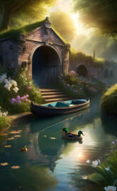 a couple of boats in a pond