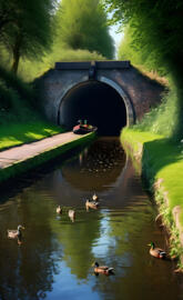 a group of ducks swimming in a river