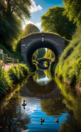 a group of ducks swimming in a pond