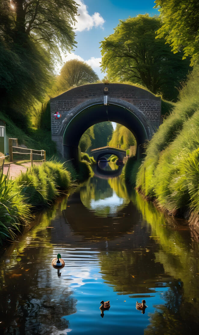 a group of ducks swimming in a pond