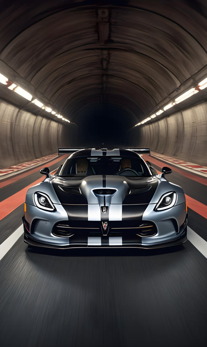 Silver Viper GTSR driving through a Tunnel