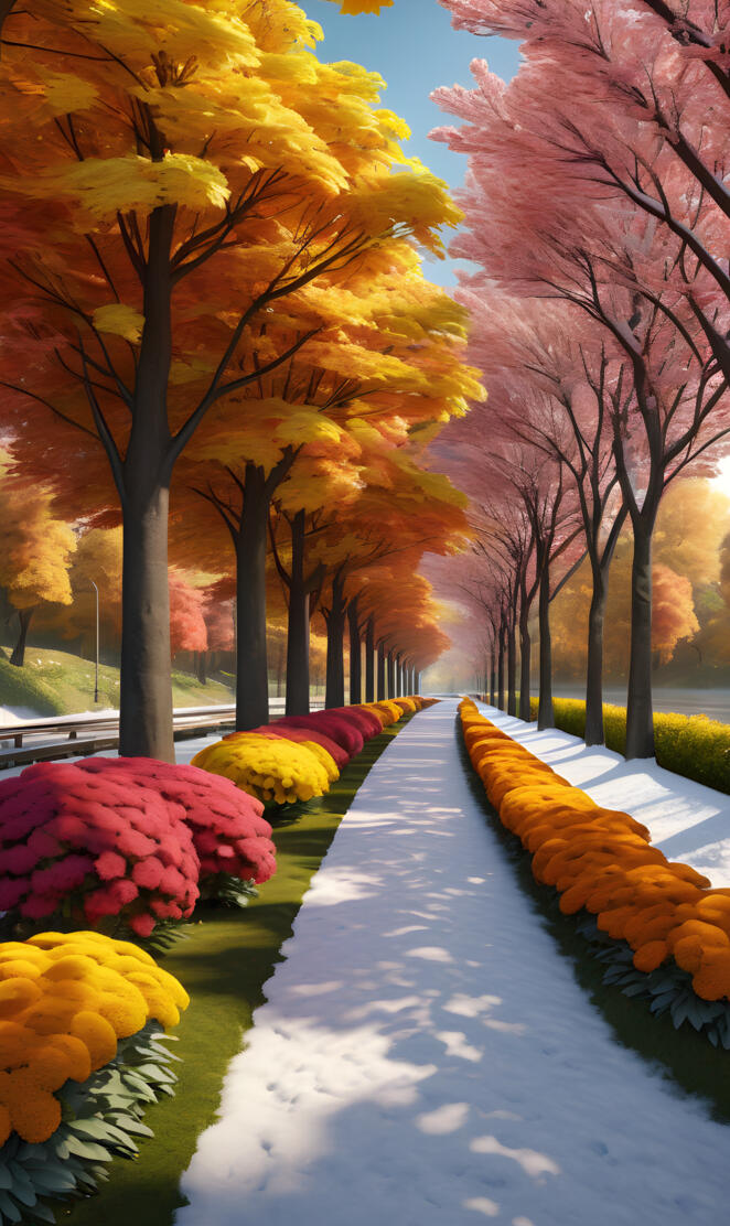 a path with flowers and trees on either side of it