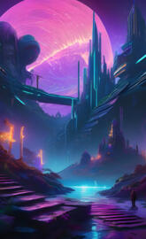 a large red and purple tunnel with lights