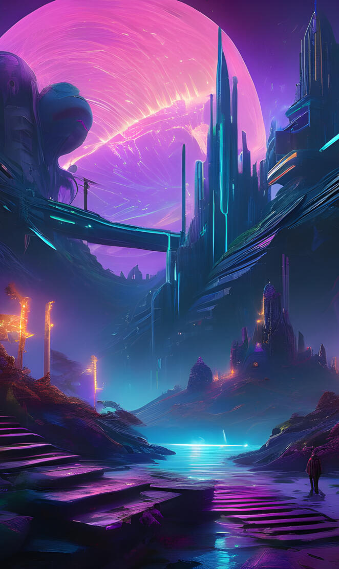 a large red and purple tunnel with lights