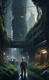 a person walking down a path in a tunnel with a bus