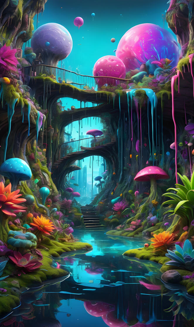 a pond with colorful flowers and a bridge with a tunnel in the