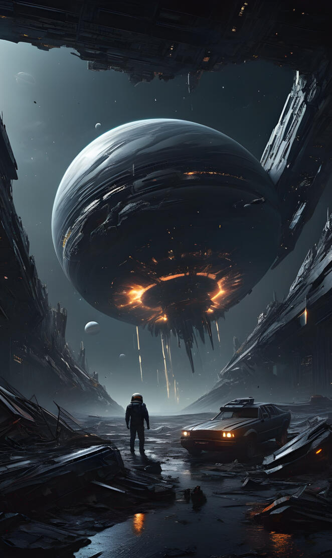 a person standing in a tunnel with a large circular object in horizon