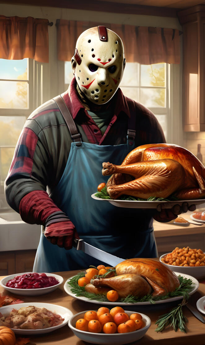 Jason vorhees cutting turkey for Thanksgiving dinner