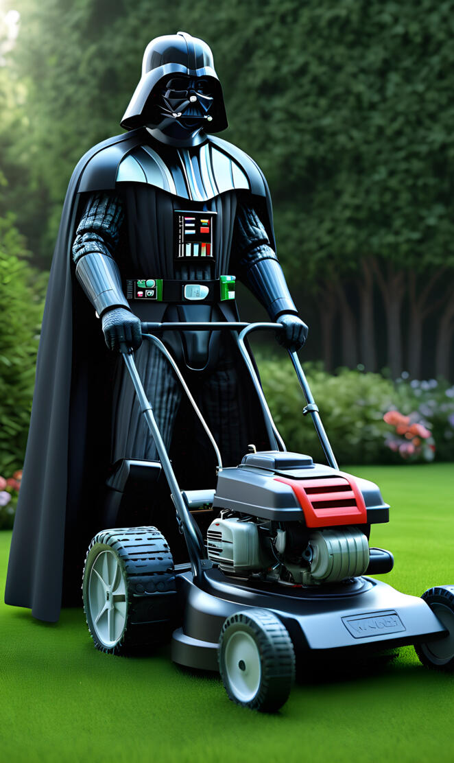 Darth Vader cutting grass