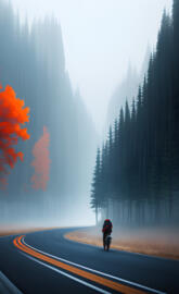 a person riding a motorcycle on a road with trees on either side