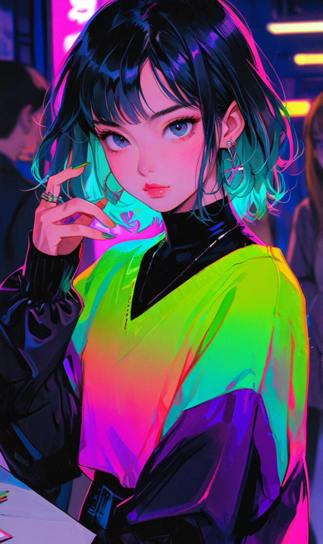 Short-cut beautiful girls, Japanese retro anime style of the 80s and 9