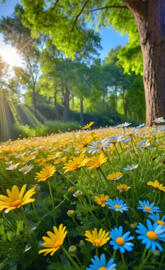 a field of yellow and blue flowers