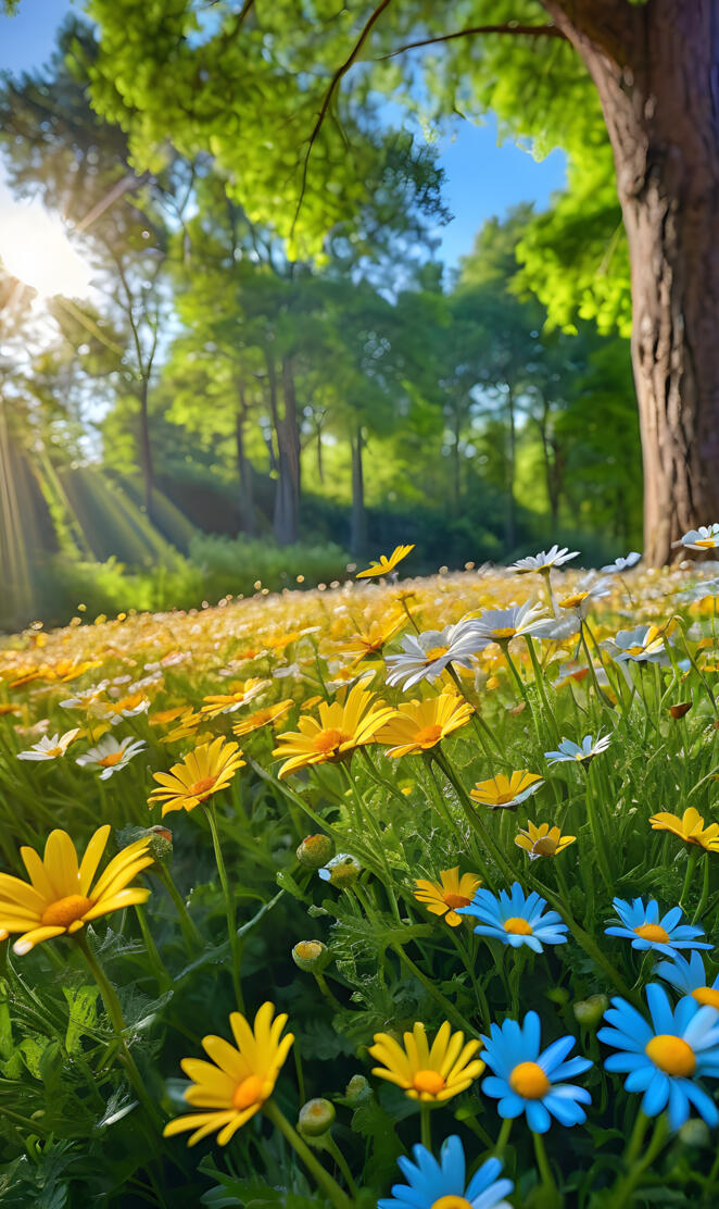 a field of yellow and blue flowers