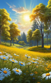 a field of flowers with trees in the background