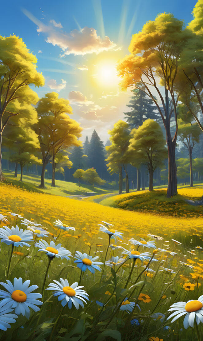 a field of flowers with trees in the background