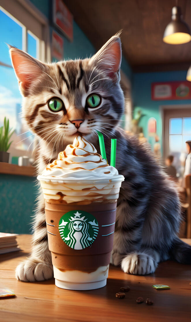 cute little kitten drinking catnip Frappuccino insanely detailed beaut