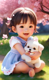 baby girl with her pet puppy