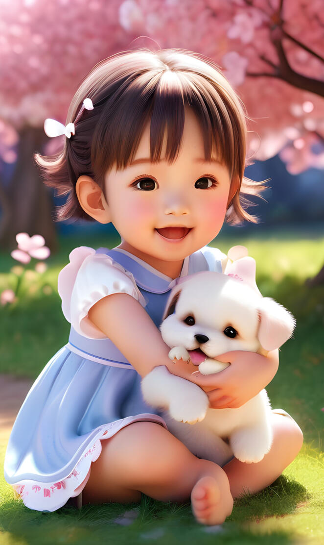 baby girl with her pet puppy