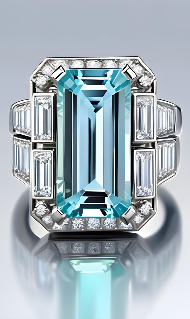 Emerald cut Aquamarine w diamond accents ring