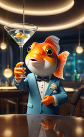 a fish toy on a table with tuxedo and cocktail