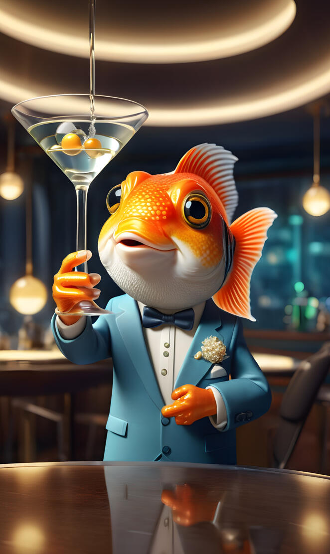 a fish toy on a table with tuxedo and cocktail