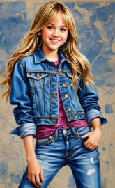 Sketch a blueprint of (Hannah Montana) wearing an open mini jean jacke
