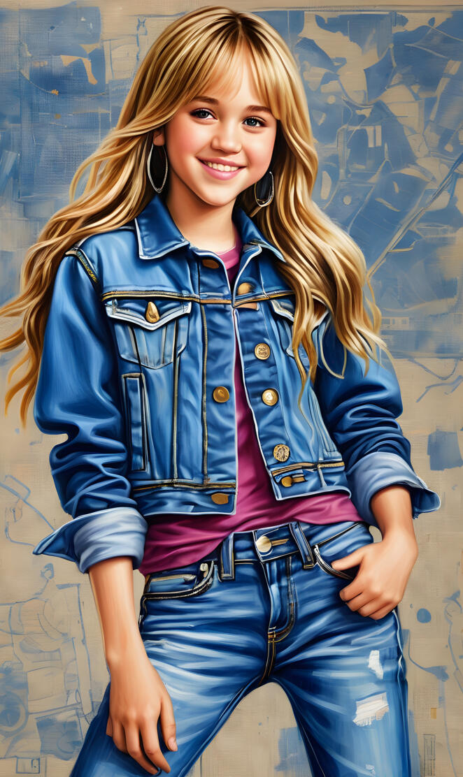 Sketch a blueprint of (Hannah Montana) wearing an open mini jean jacke