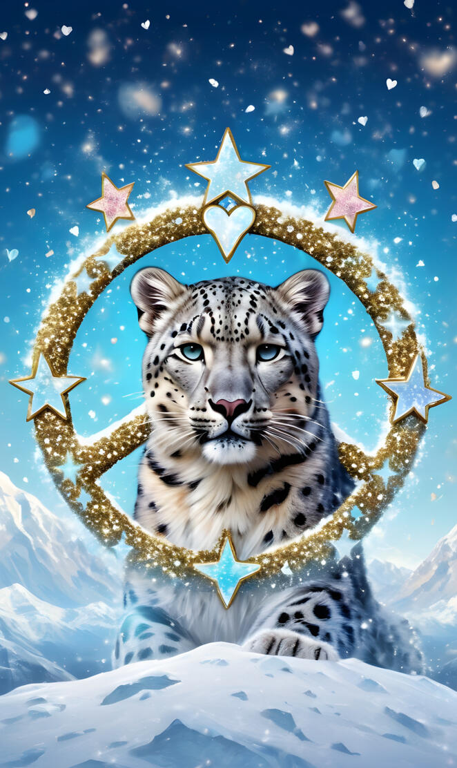 a white tiger with stars on its head in the snow