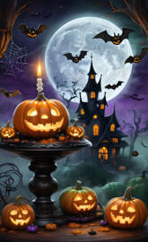 a painting of a castle with pumpkins and a fountain