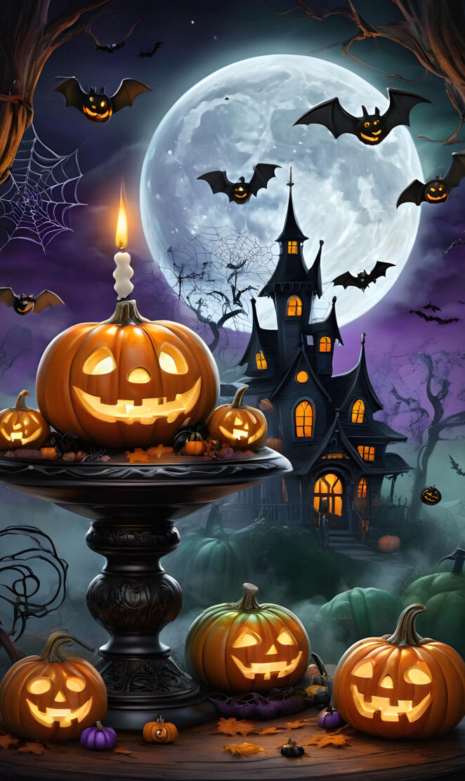 a painting of a castle with pumpkins and a fountain