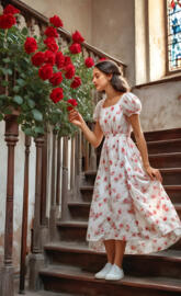 Young woman in a light summer dress, smelling roses.