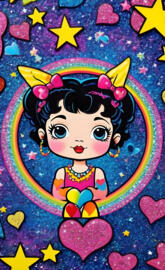 a cartoon girl on a colorful background