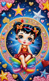 a girl sitting on a colorful blanket