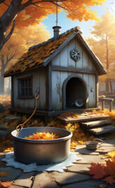 a bowl of food in front of a log cabin