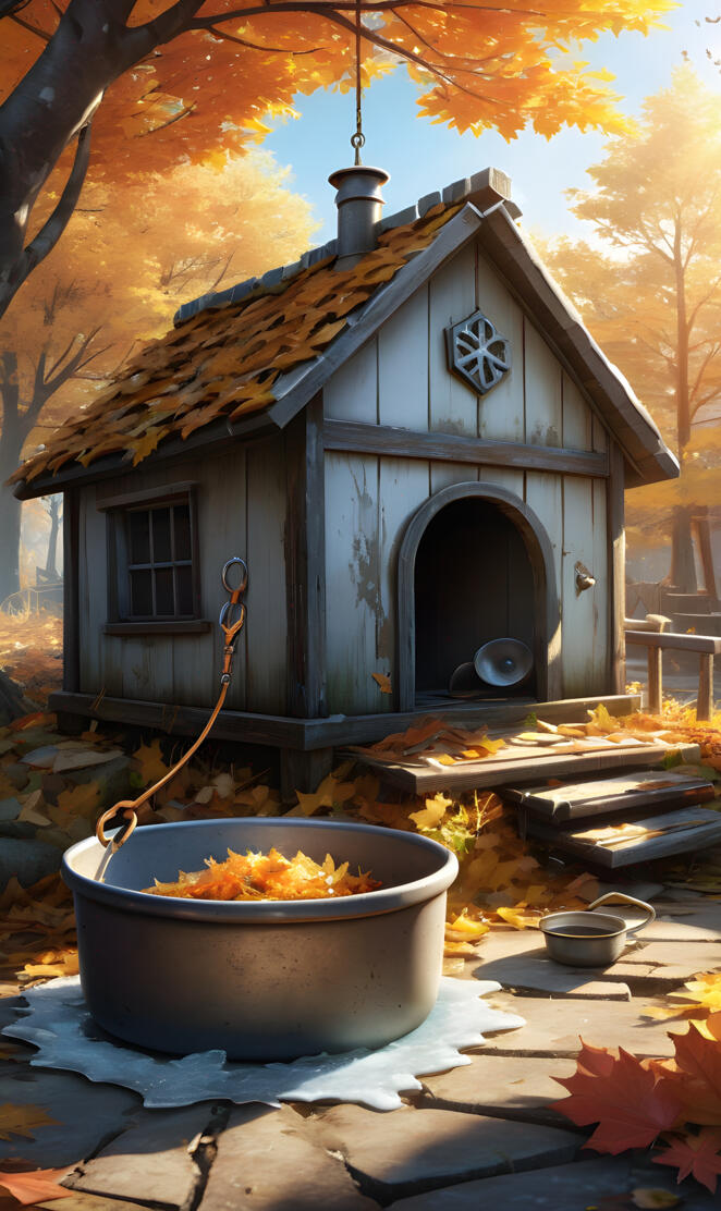 a bowl of food in front of a log cabin