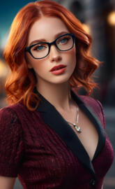a woman with red hair and glasses