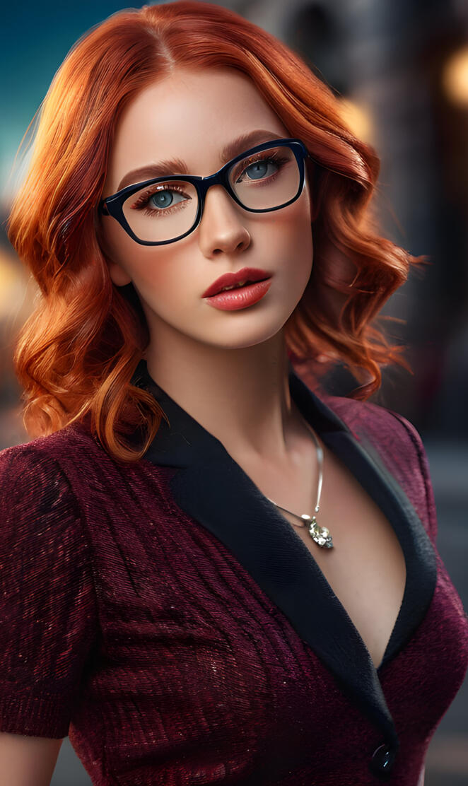 a woman with red hair and glasses