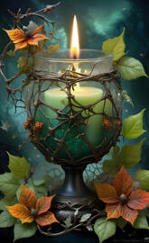 a candle in a glass vase