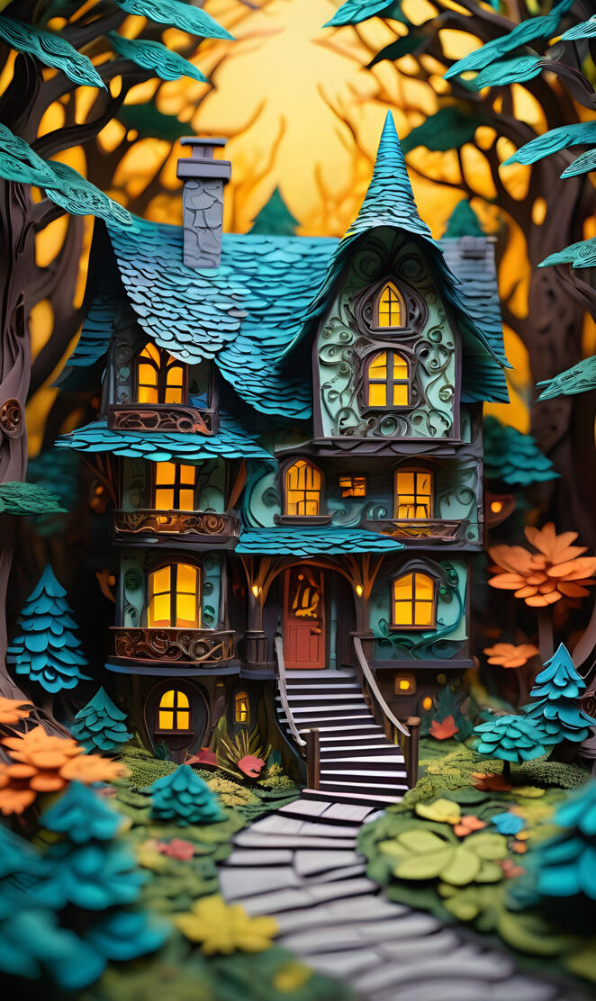Darkness Wizard House, multi-dimensional paper cut craft, mixed media