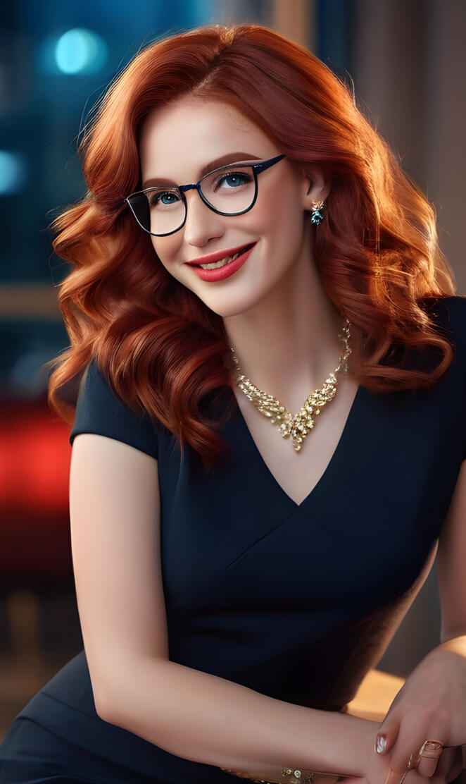 a woman with red hair wearing glasses