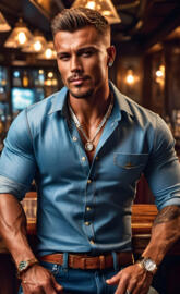 a man with a mustache and a blue shirt