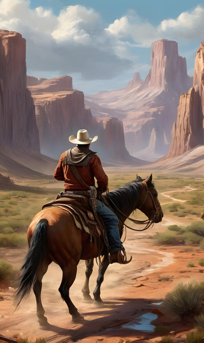 man riding a horse in a canyon
