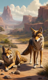 a couple of fox sitting on rocks in front of a canyon