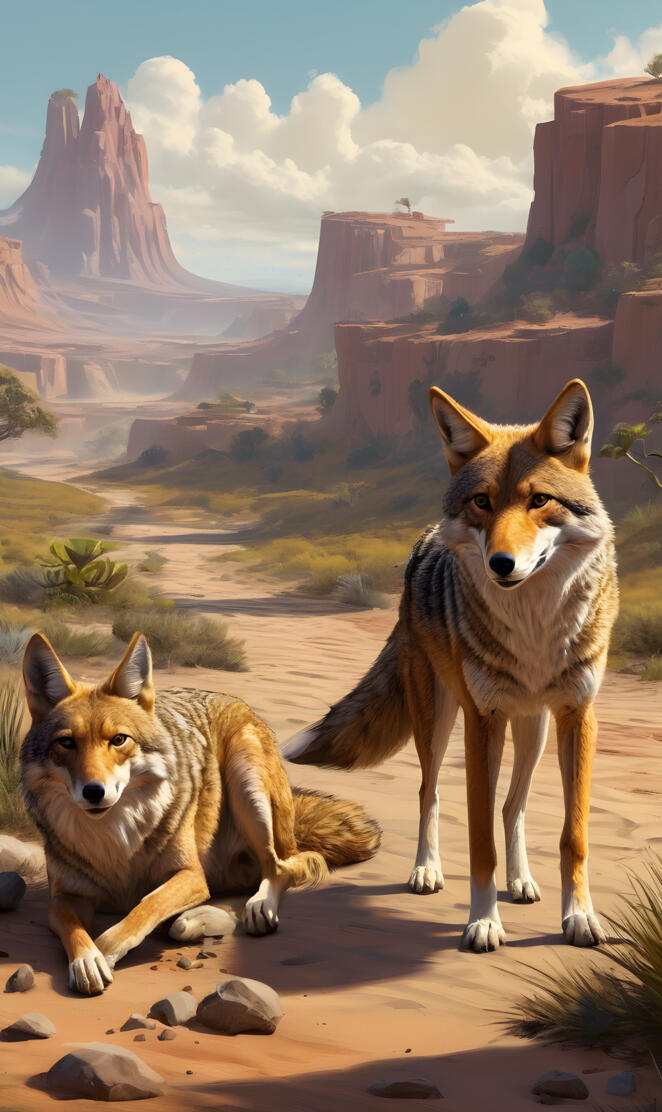 a couple of fox sitting on rocks in front of a canyon