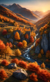 Fall scene river flowing through a canyon in the mountains 2024 01