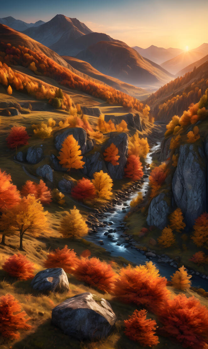 Fall scene river flowing through a canyon in the mountains 2024 01