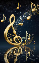 treble clefts and music notes, darkened night sky, reflecting pond