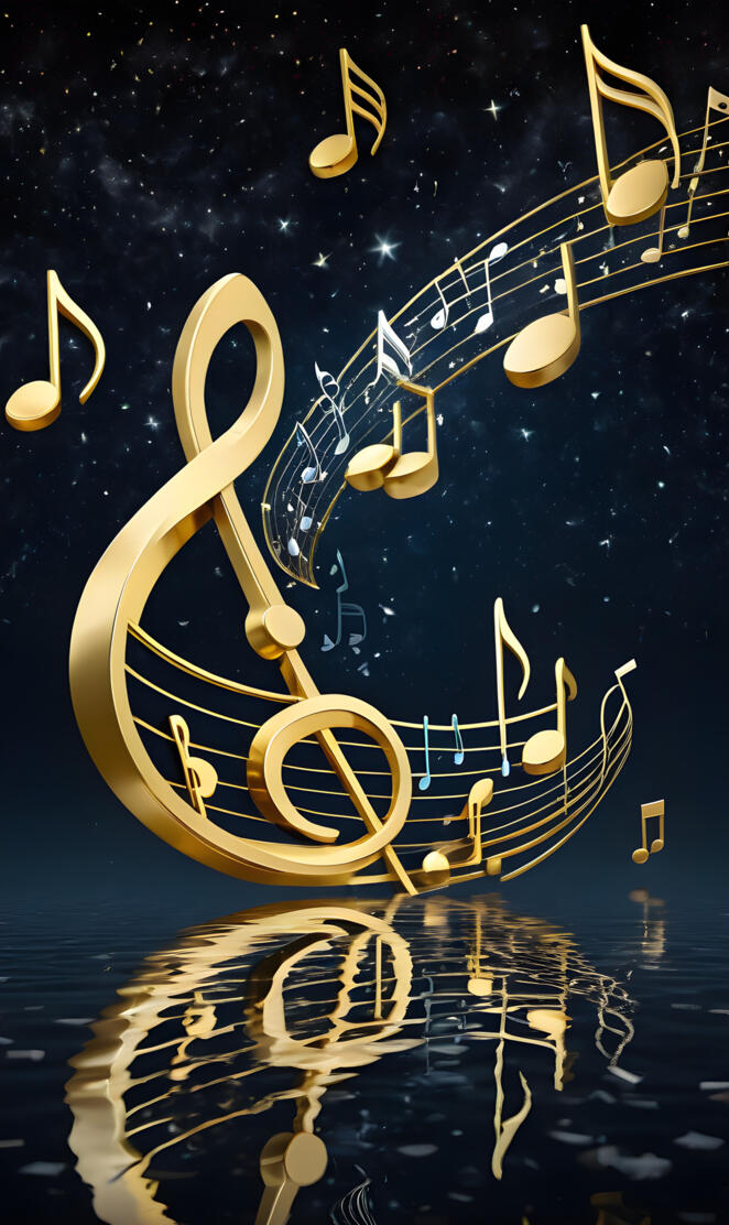 treble clefts and music notes, darkened night sky, reflecting pond