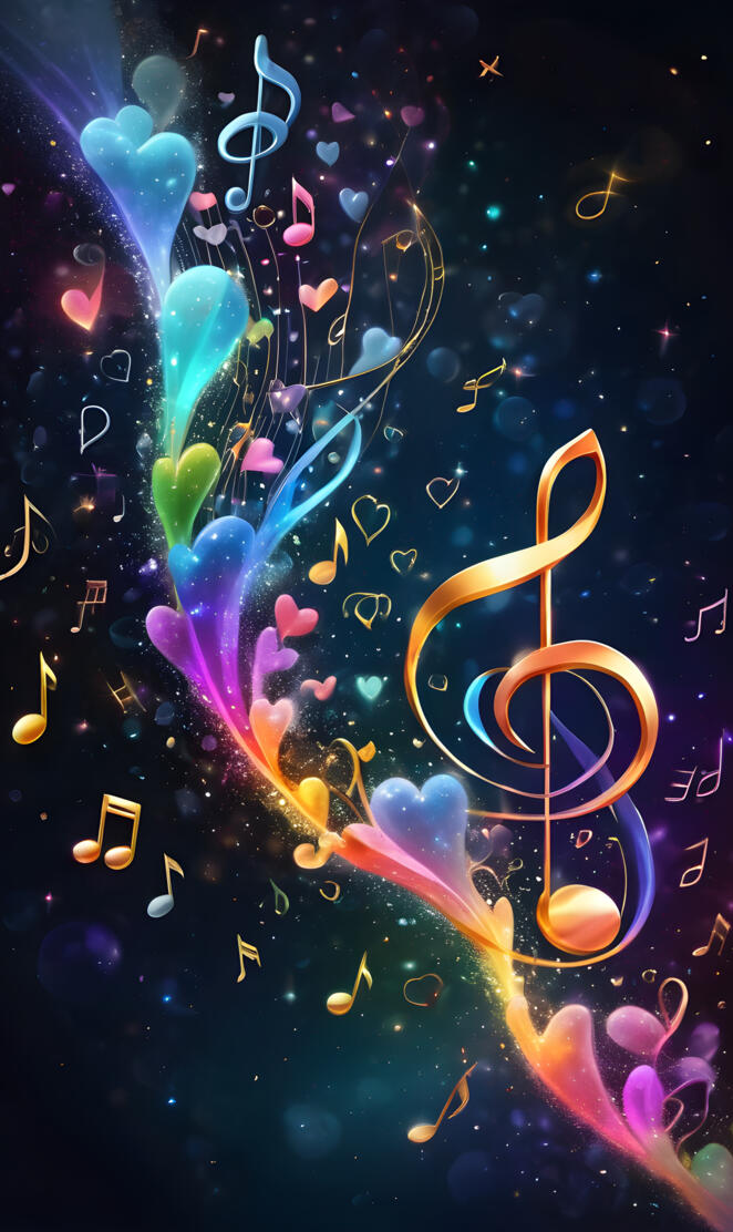 treble cleft, rainbow notes and hearts