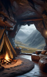 cozy tent in cleft of mountain